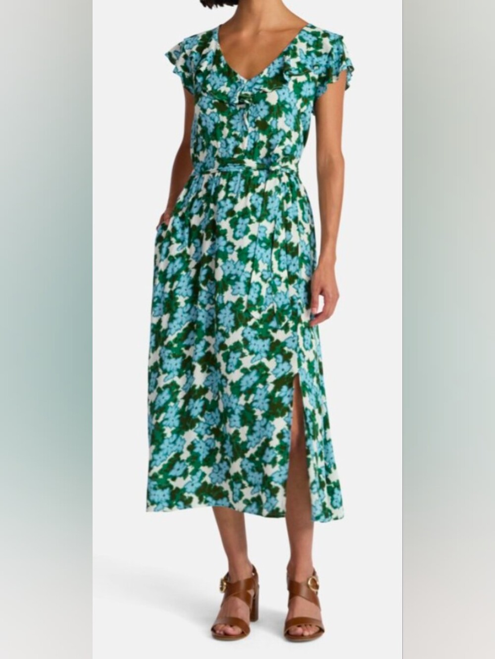 Time and Tru Green & Blue Floral Midi Dress with V-Neck